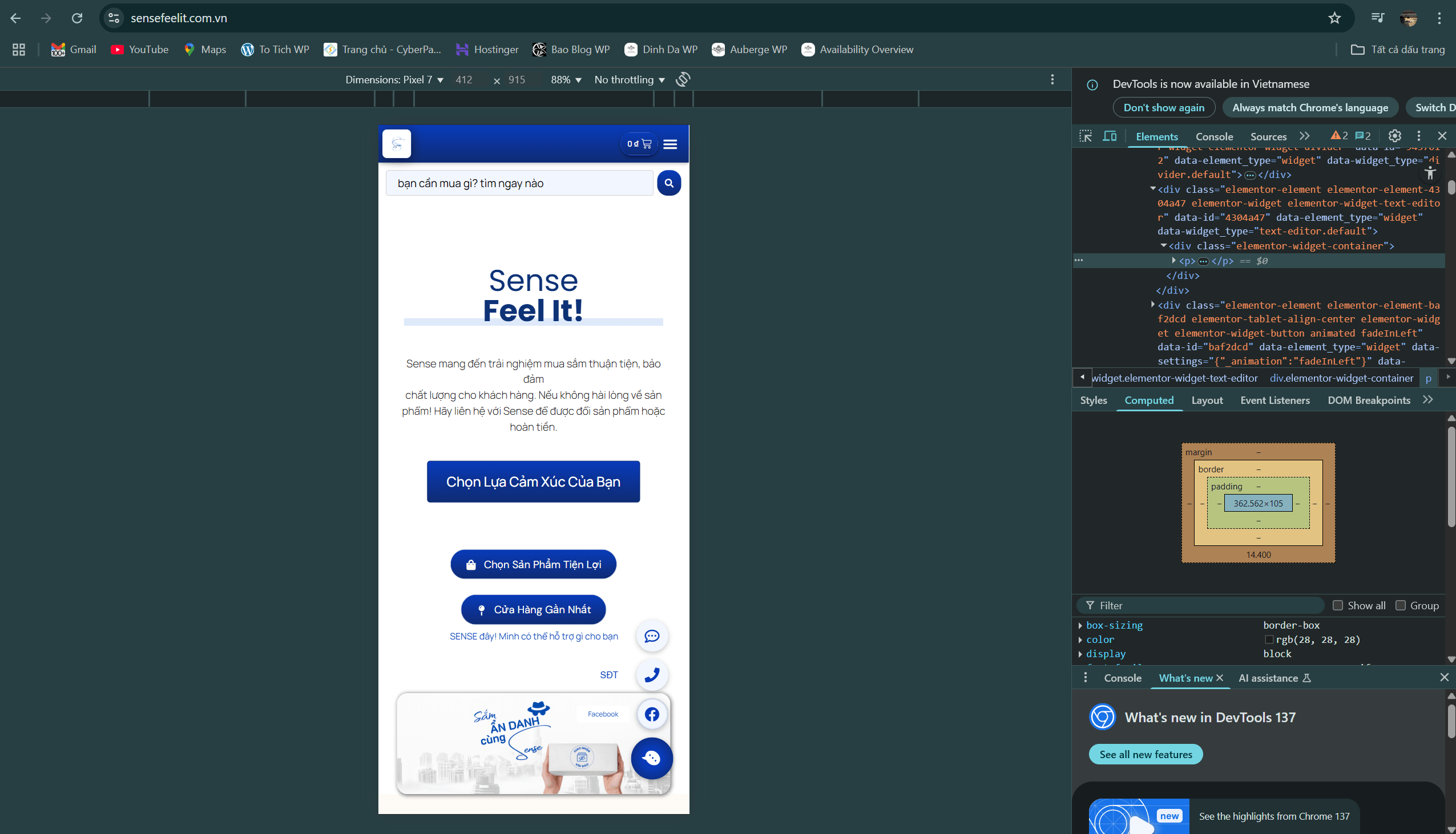 Giao diện, tab kiểm tra thử nghiệm giao diện web. Thuộc dự án xây dựng Website Sense Feel It